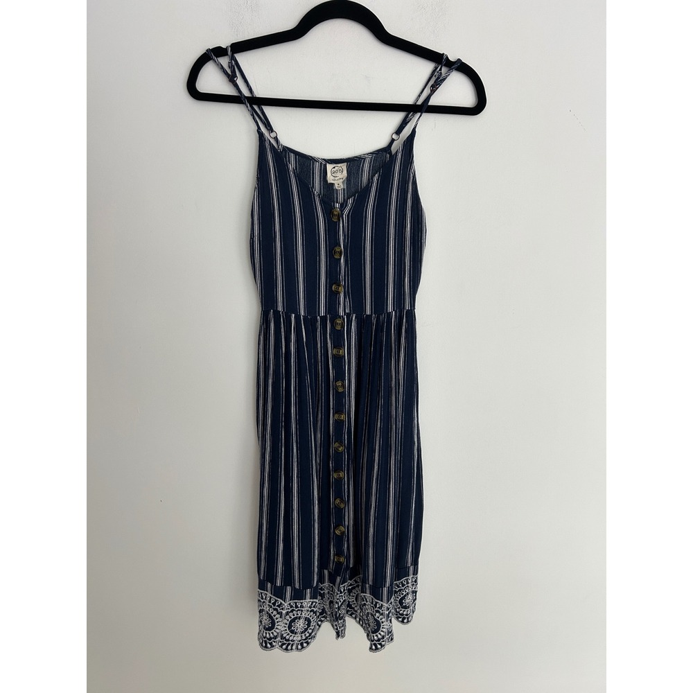 205 Collins Navy‎ Blue White Striped Eyelet Lace Hem Button Front Sundress M